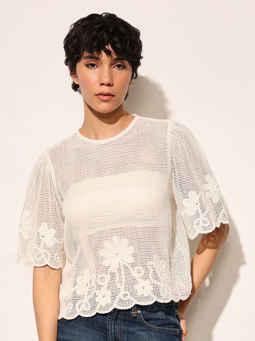 

ONLY Flared Sleeve Cotton Crochet Top, White