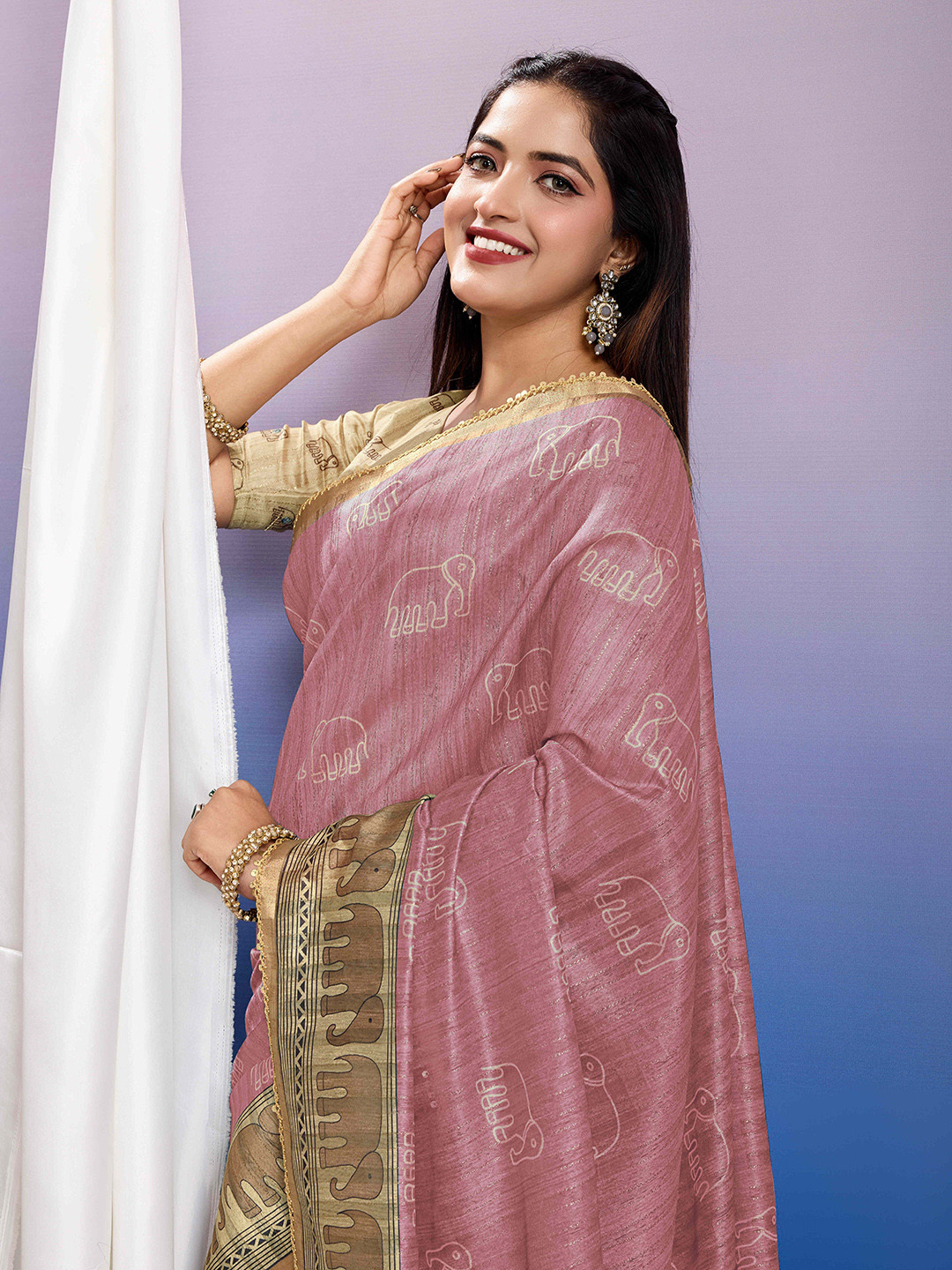 

TASRIKA Ethnic Motifs Mirror Work Mysore Silk Saree, Pink