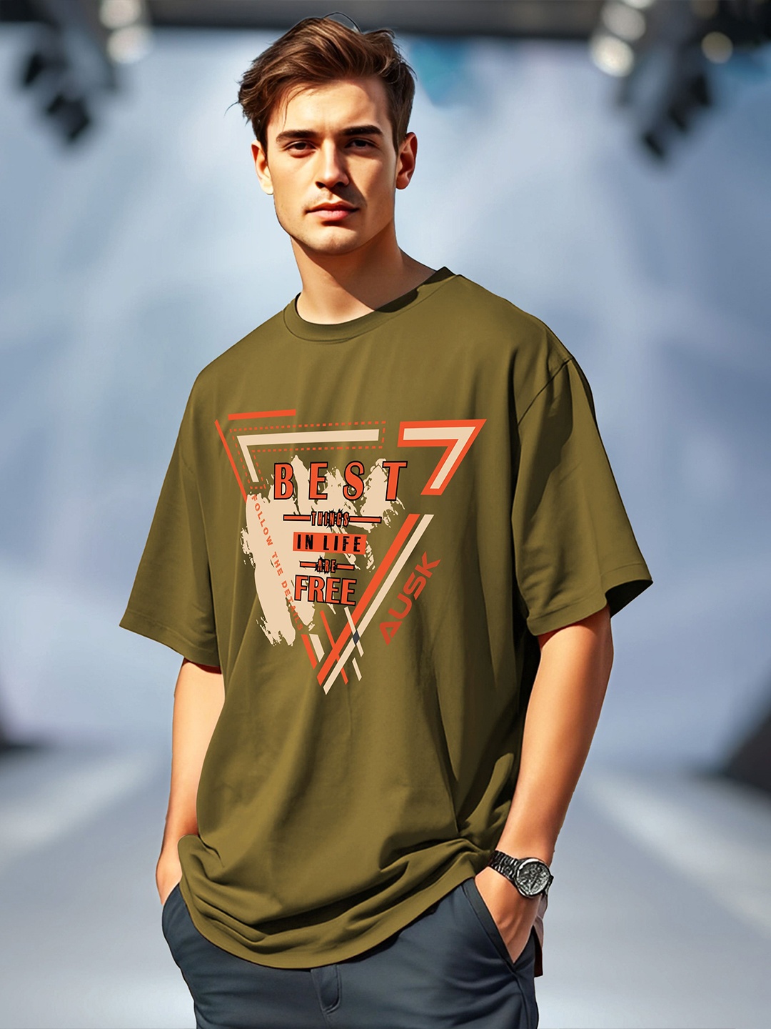 

AUSK Men Typography Printed Applique T-shirt, Green