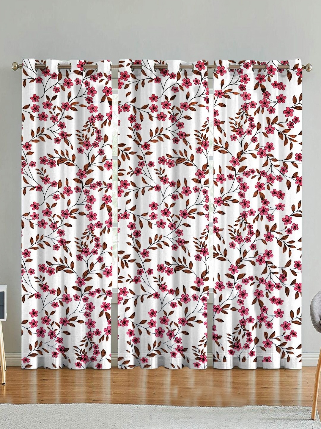 

ANA Pink & White Set of 3 Floral Room Darkening Door Curtain