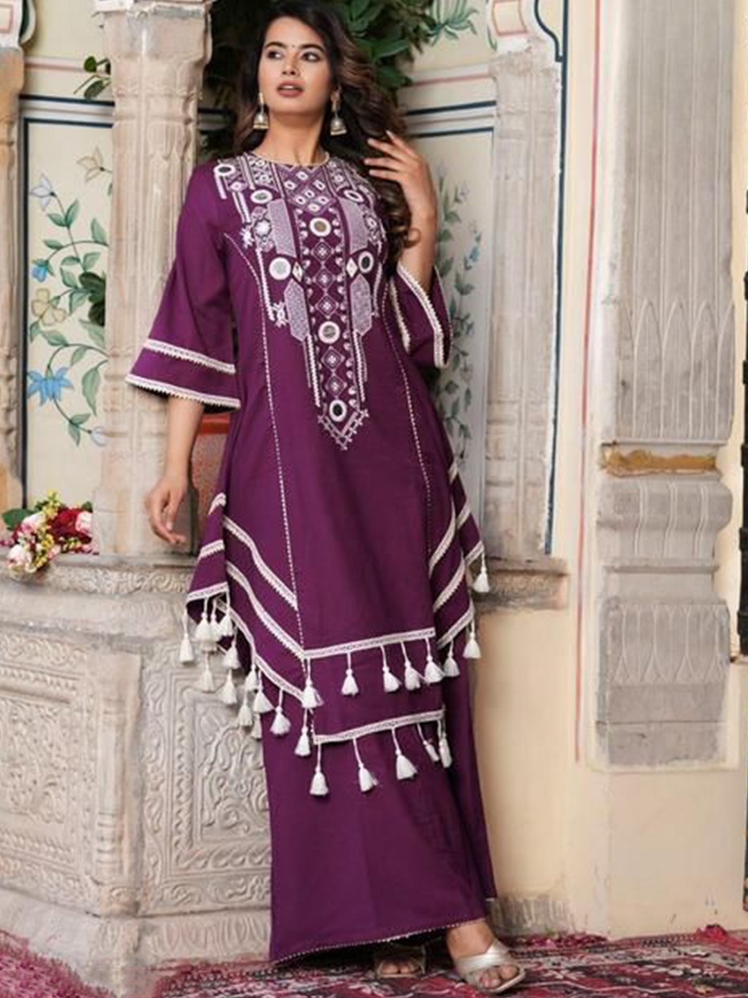 

Moda Rapido Women Floral Embroidered Regular Thread Work Top with Palazzos, Purple