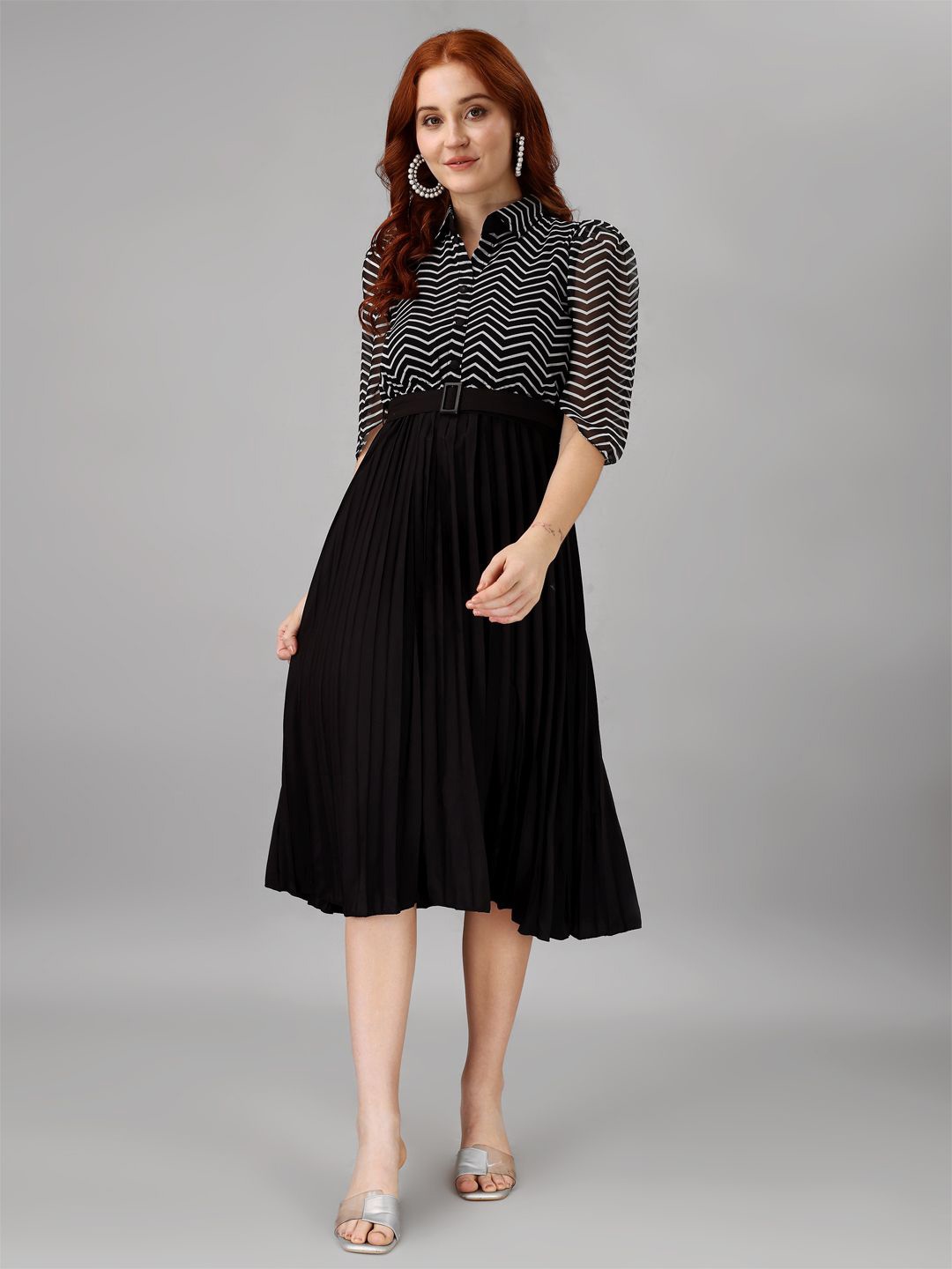 

Raiyani Fashion Striped Applique Georgette Fit & Flare Midi Dress, Black
