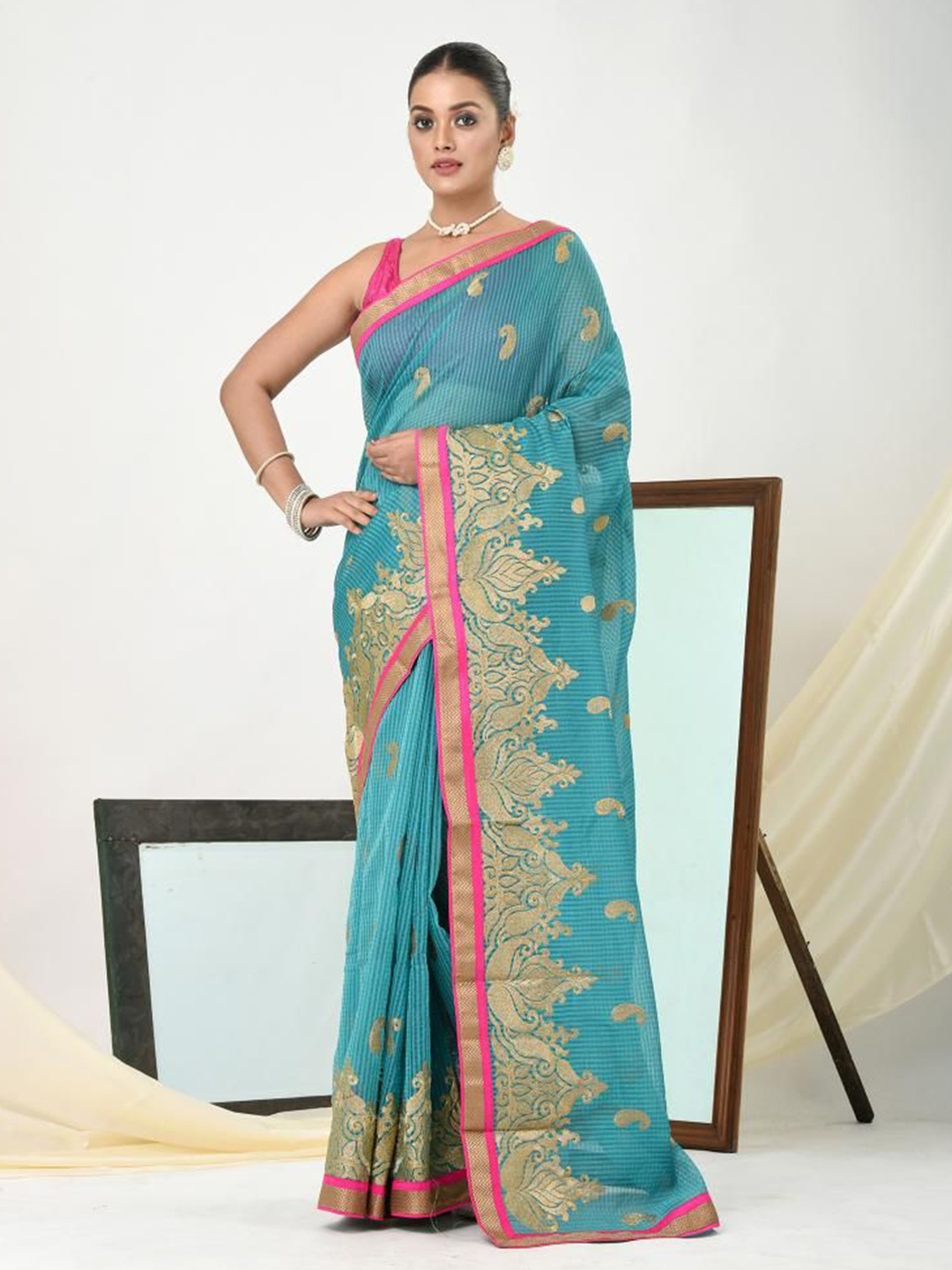 

VIBHAVARI Paisley Zari Supernet Saree, Blue