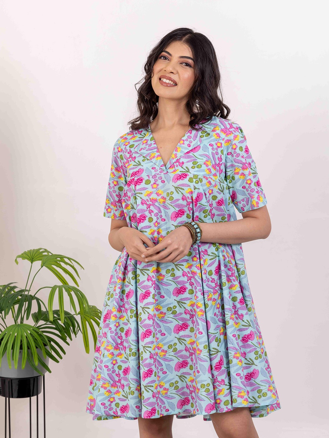 

INAAYA JAIPUR Floral Print Flared Sleeve Fit & Flare Dress, Blue