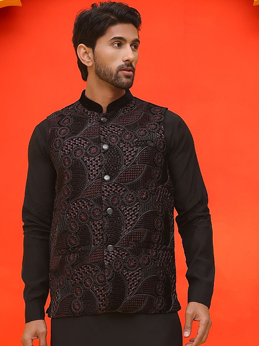 

Jompers Embroidered Mandarin Collar Nehrujacket, Black