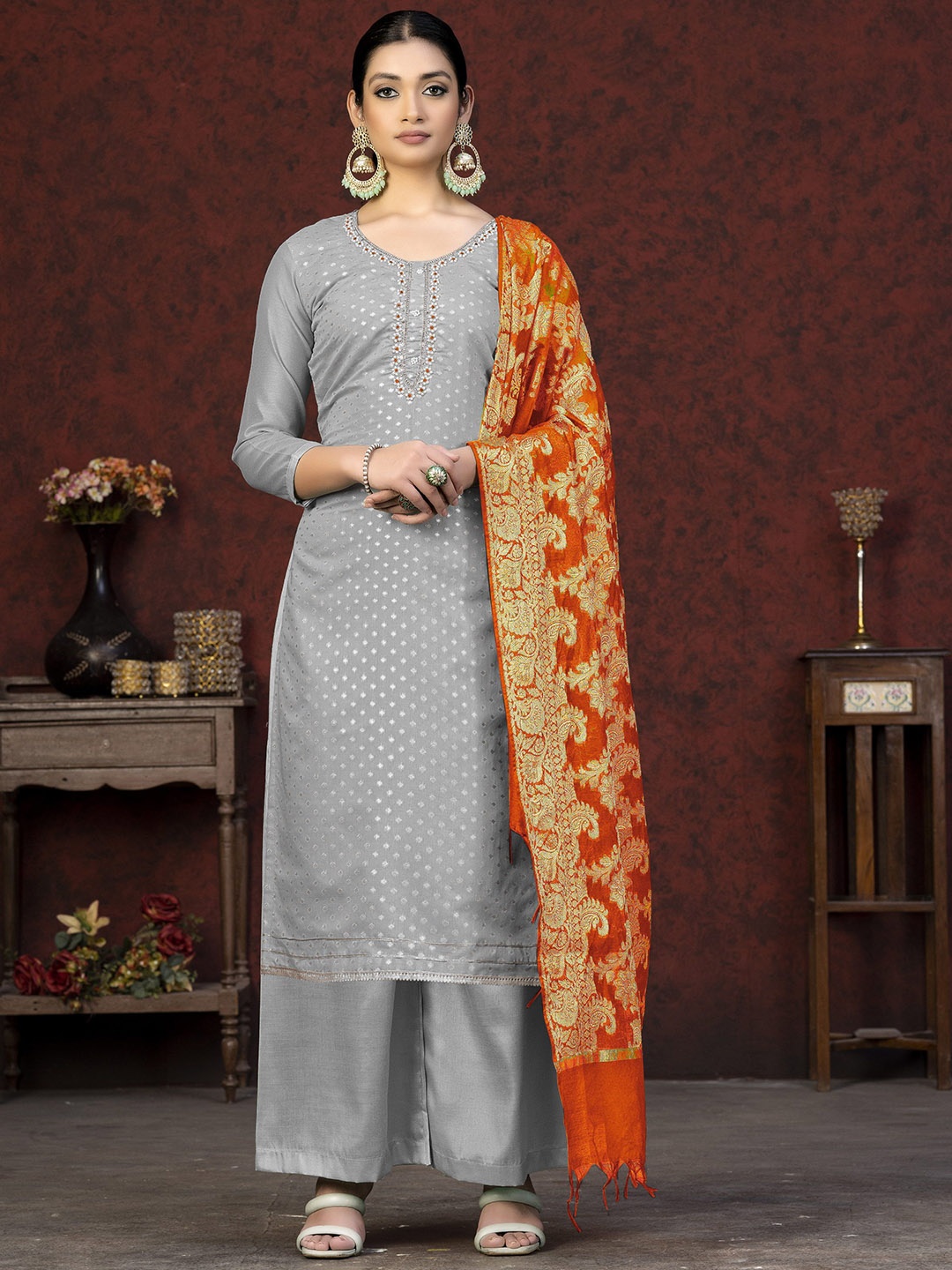 

SAINOOR Embellished Semi-Stitched Dress Material, Grey