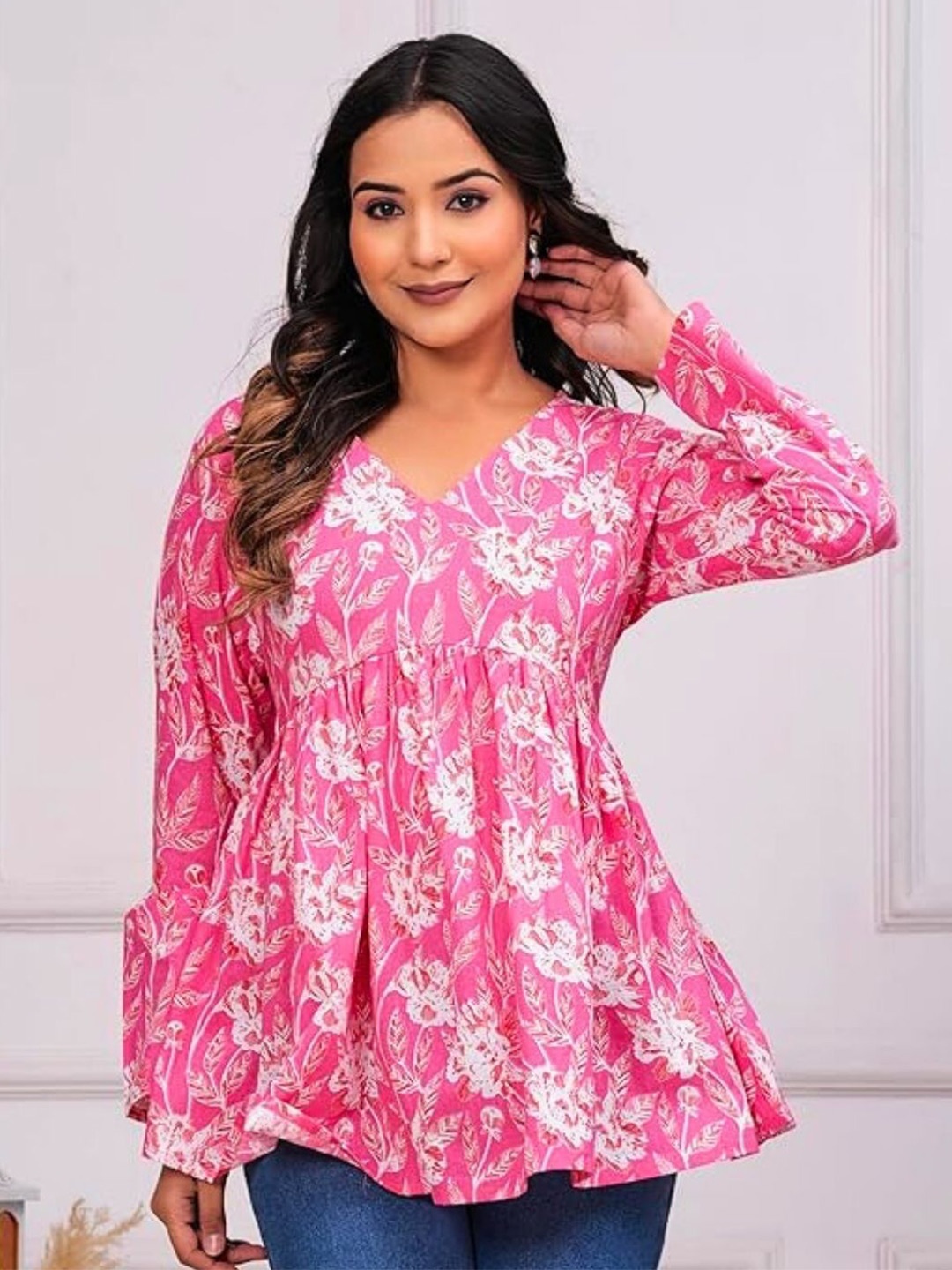 

Atha Fashion Floral Printed V-Neck Pure Cotton Empire Kurti, Pink