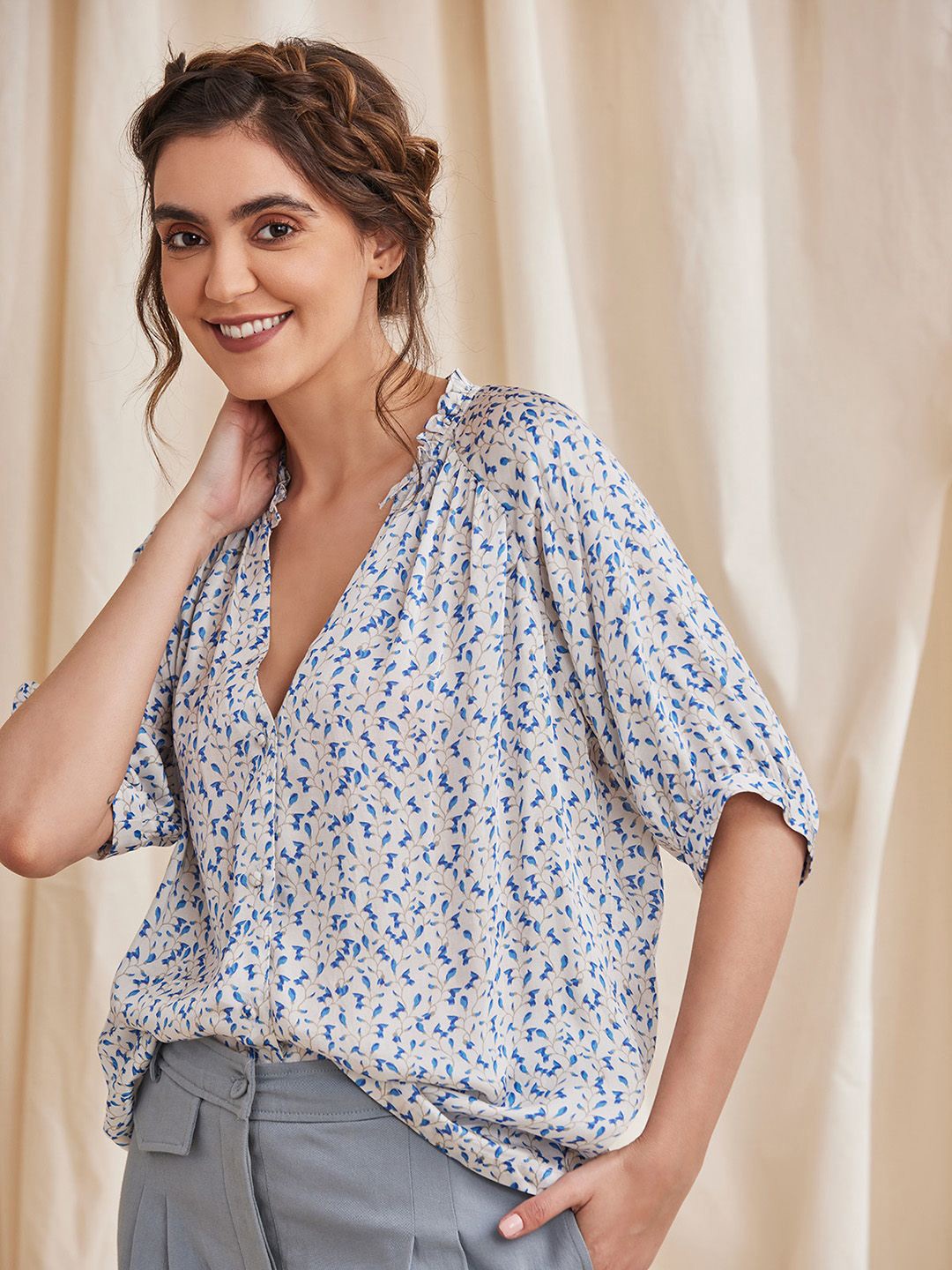 

B77 Floral Print Satin Blouson Top, White