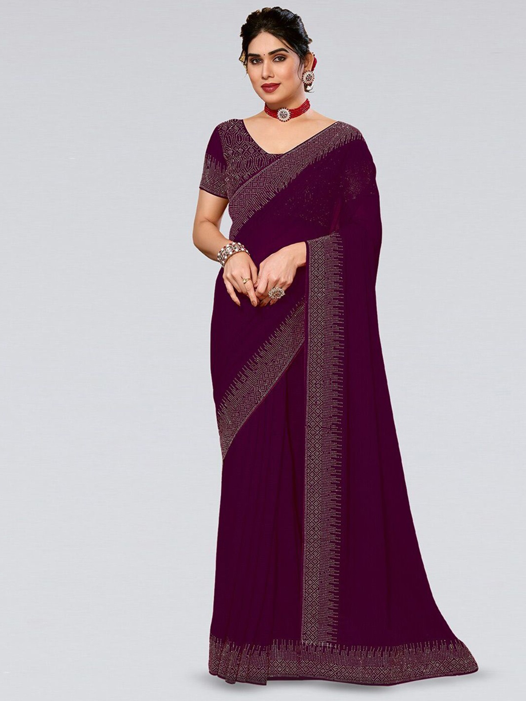 

DIVASTRI Beads and Stones Pure Georgette Saree, Purple
