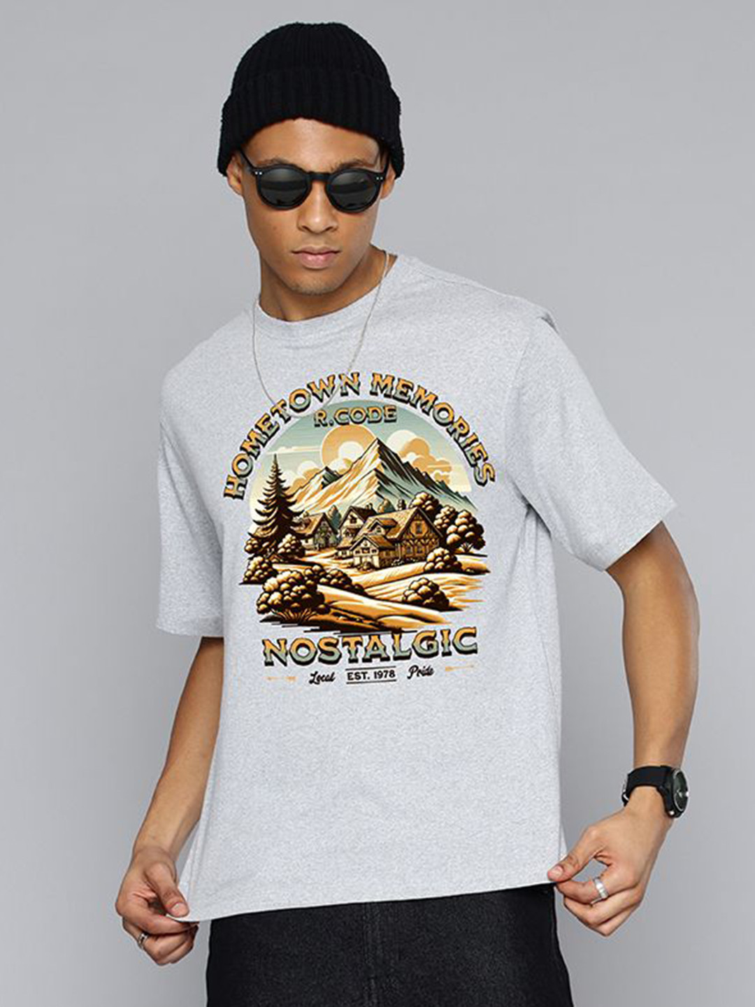 

R.Code by The Roadster Life Co. Men Printed Applique T-shirt, Grey