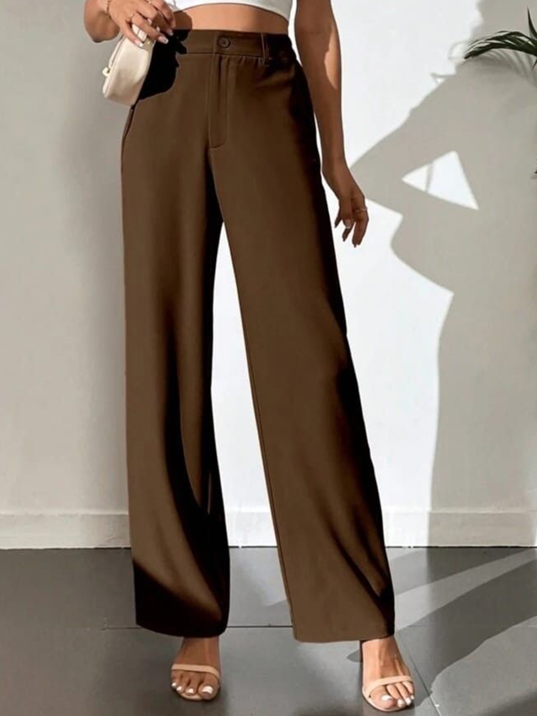 

BROADSTAR Women Smart Straight Fit High-Rise Easy Wash Trousers, Brown