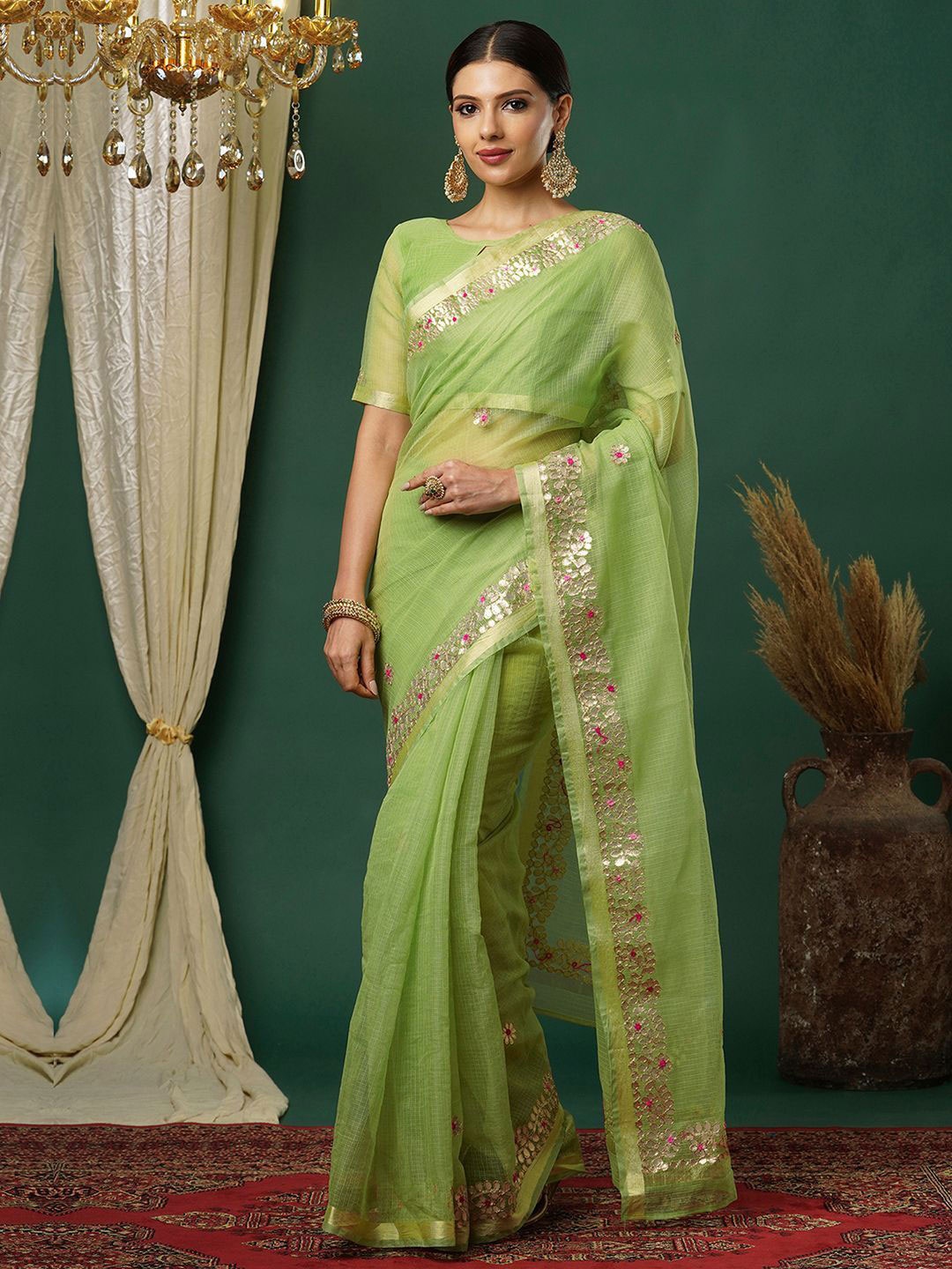 

DIVASTRI Ethnic Motifs Zari Banarasi Saree, Green