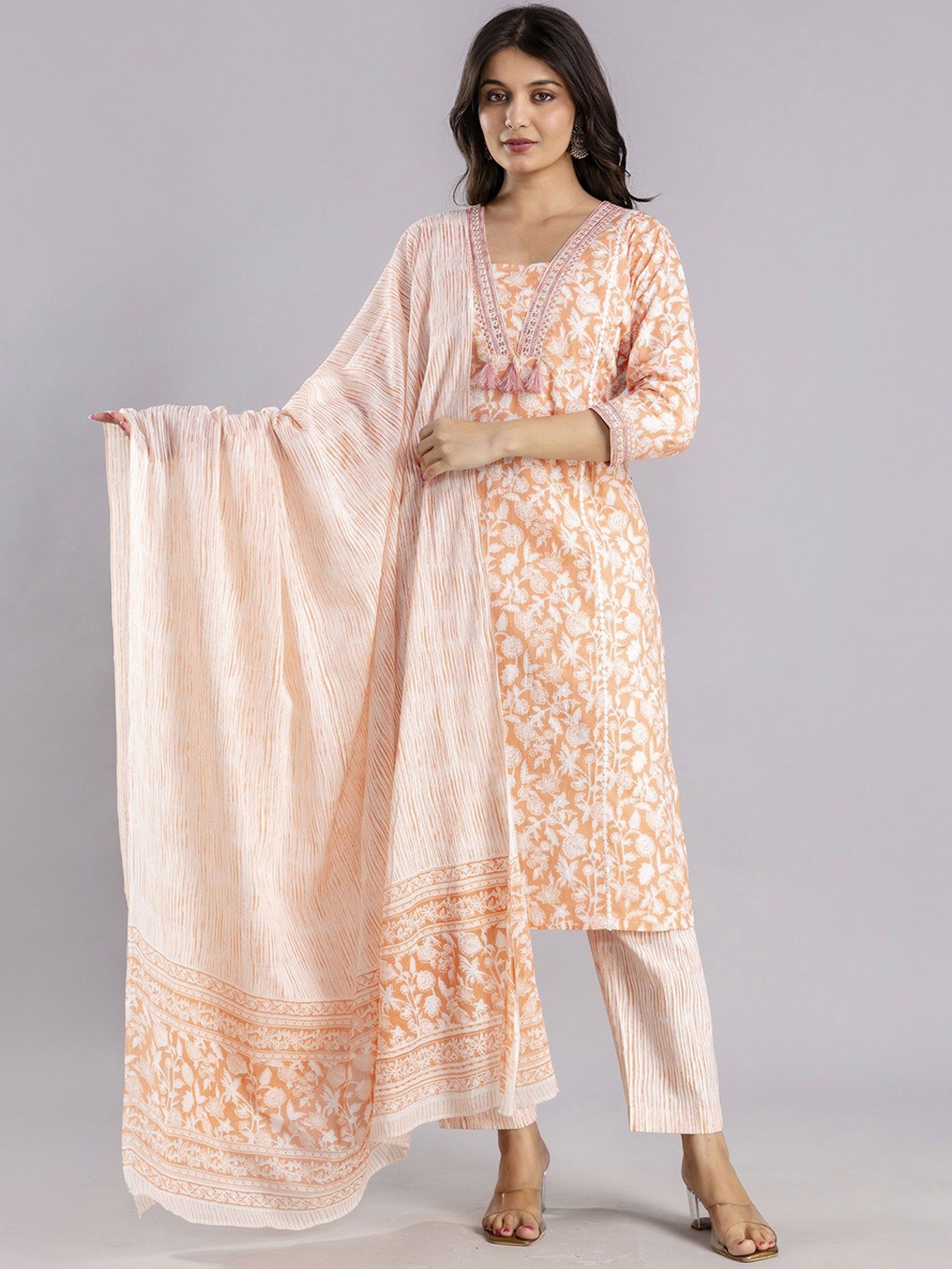 

MF Hayat Women Floral Embroidered Regular Sequinned Pure Cotton Kurti with Pyjamas & With Dupatta, Peach