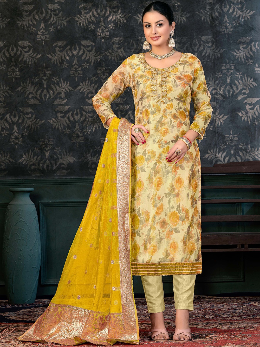 

SAINOOR Embellished Organza Semi-Stitched Dress Material, Yellow
