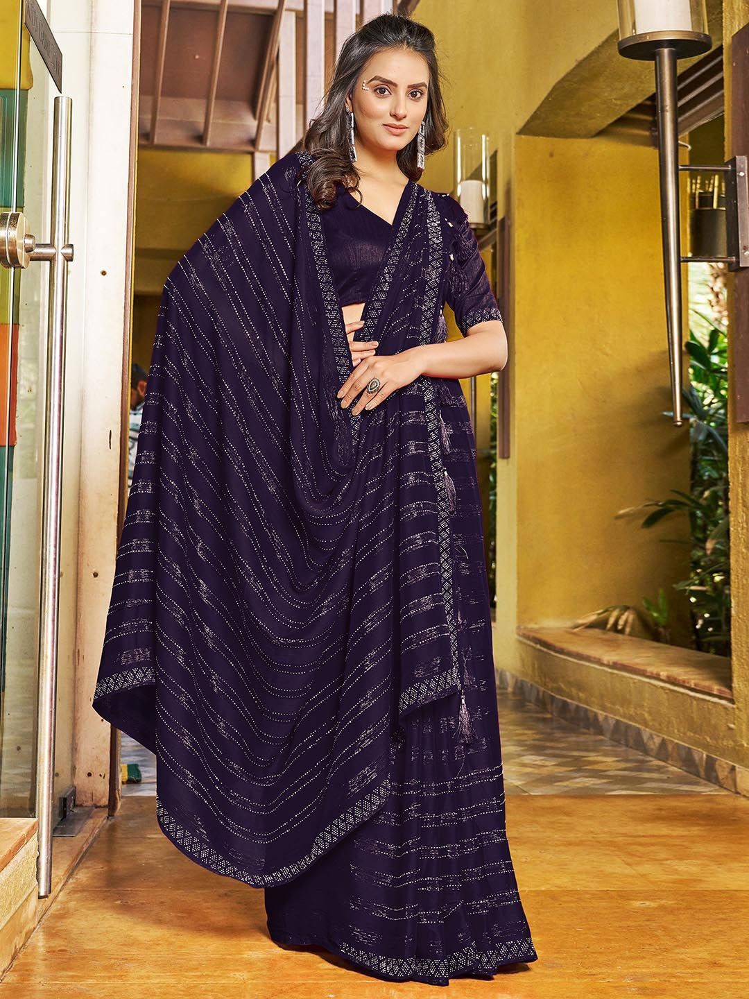 

DIVASTRI Striped Beads and Stones Pure Chiffon Saree, Navy blue