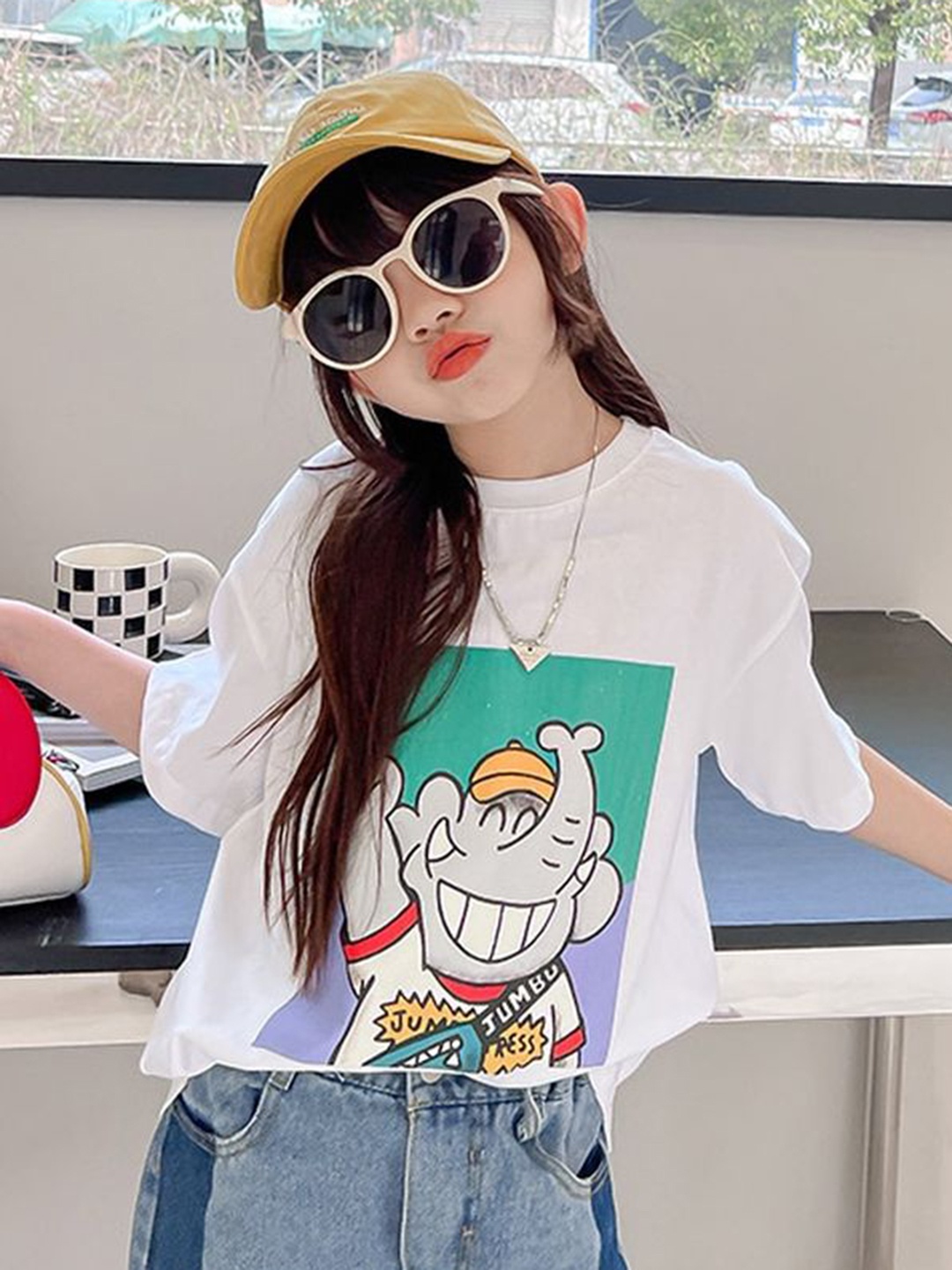 

LULU & SKY Girls Printed Extended Sleeves Pure Cotton Pockets T-shirt, White