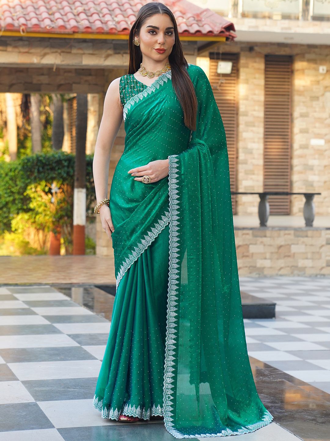 

NIRMAL CREATION Embellished Beads and Stones Pure Chiffon Saree, Green