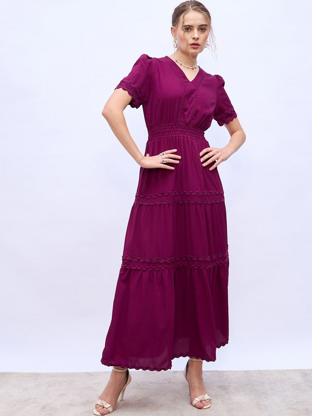 

Styli Puff Sleeve Fit & Flare Maxi Dress, Burgundy
