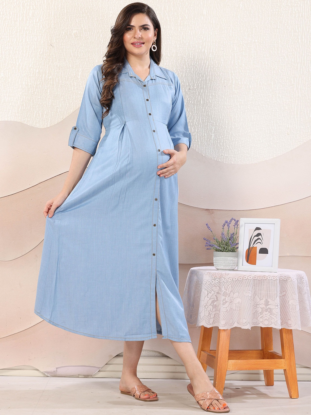 

EASY MOM Maternity Shirt Midi Dress, Blue