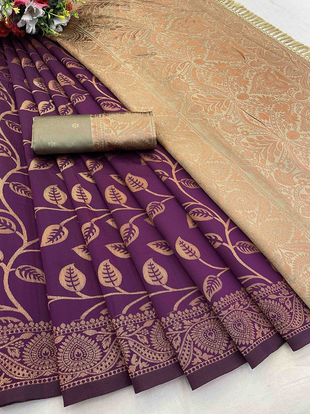 

KALINI Woven Design Zari Silk Blend Banarasi Saree, Purple
