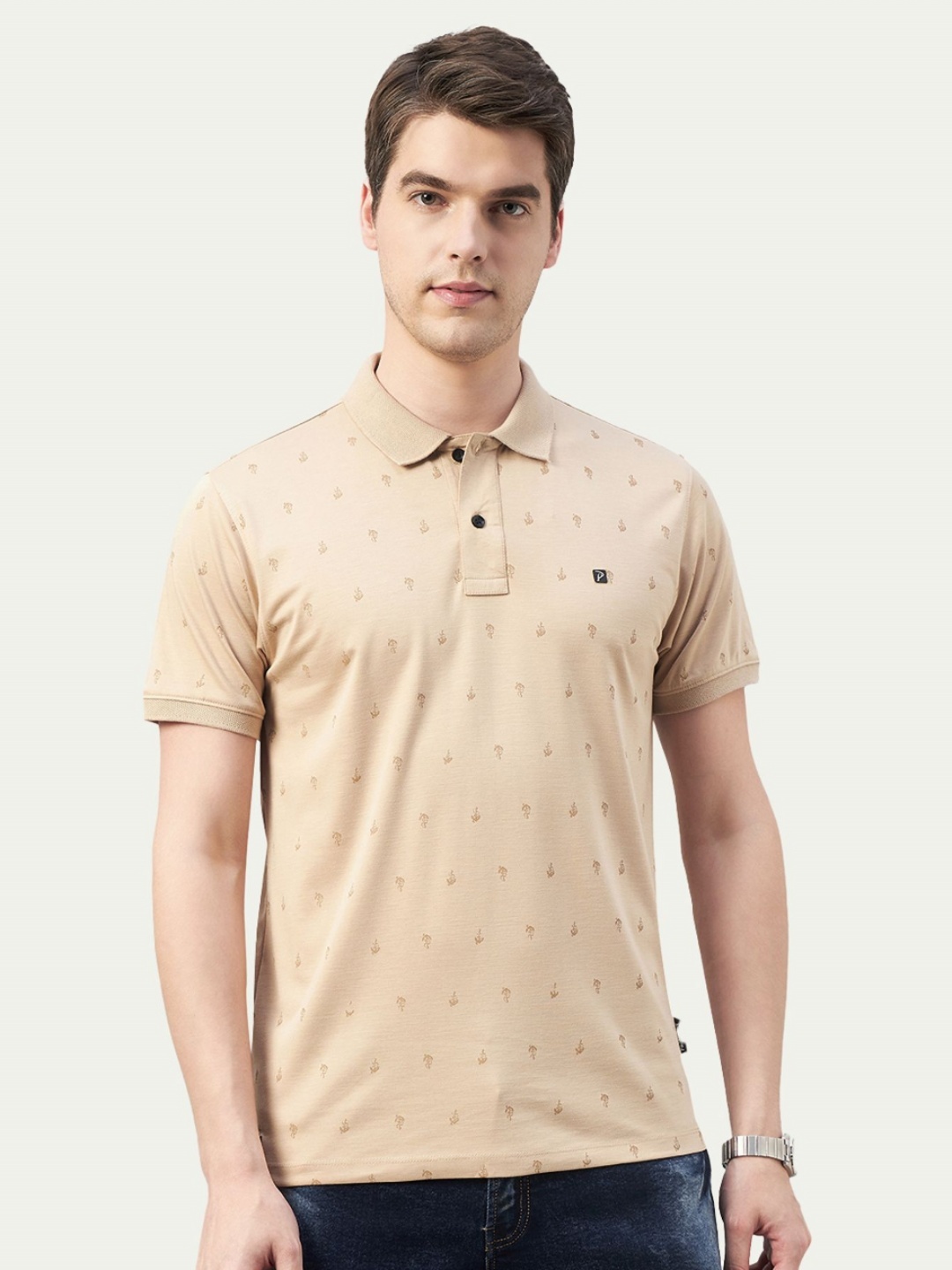 

Promount Men Printed Polo Collar Pockets T-shirt, Cream