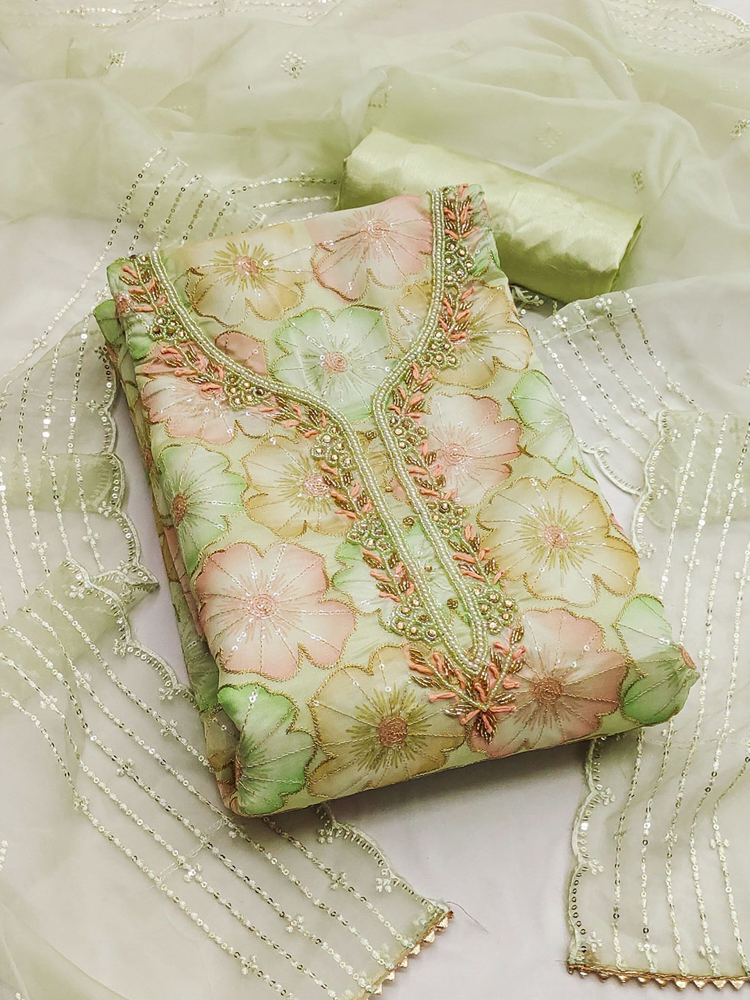 

SAINOOR Embroidered Organza Semi-Stitched Dress Material, Green
