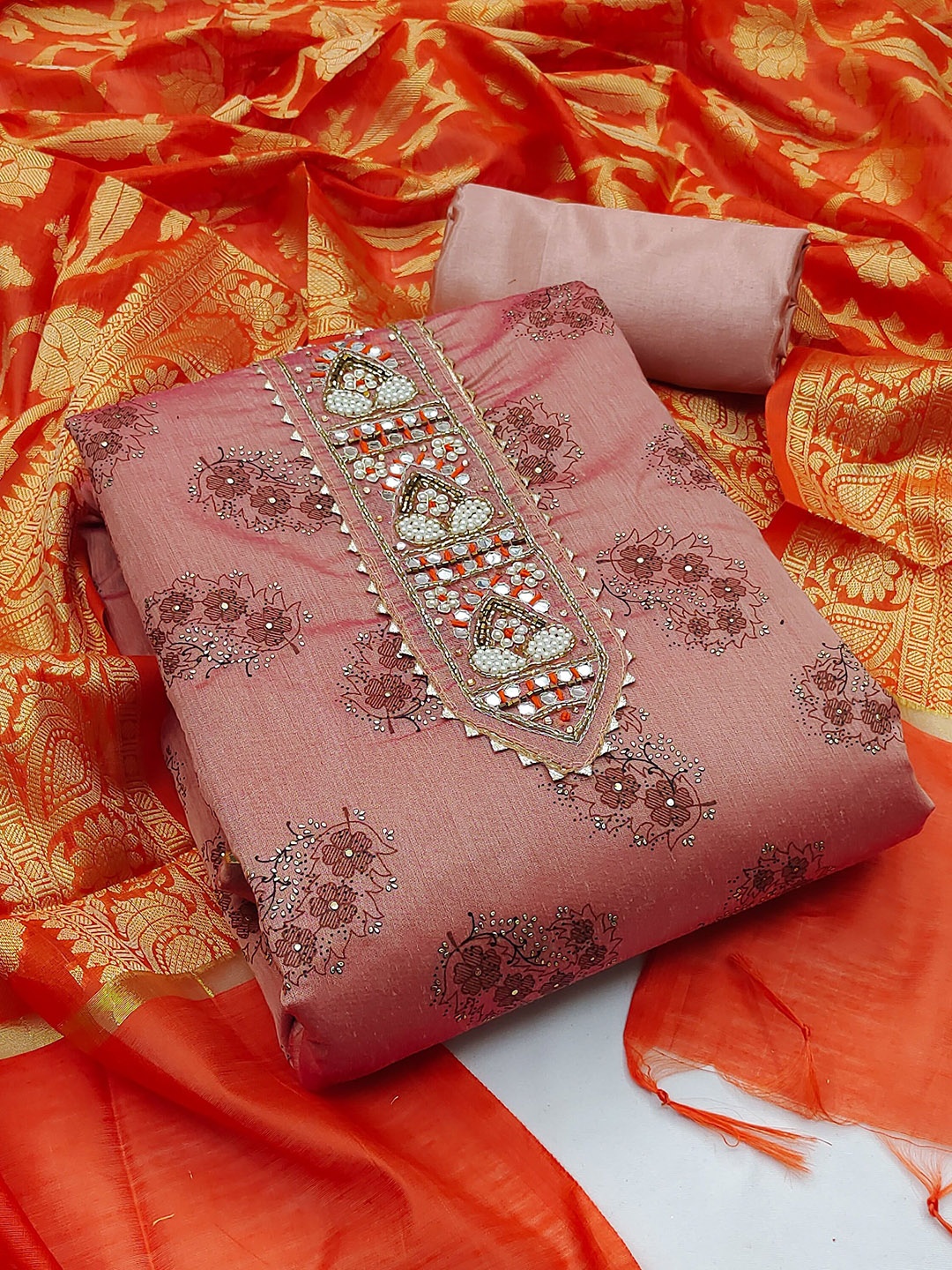 

SAINOOR Embellished Semi-Stitched Dress Material, Pink