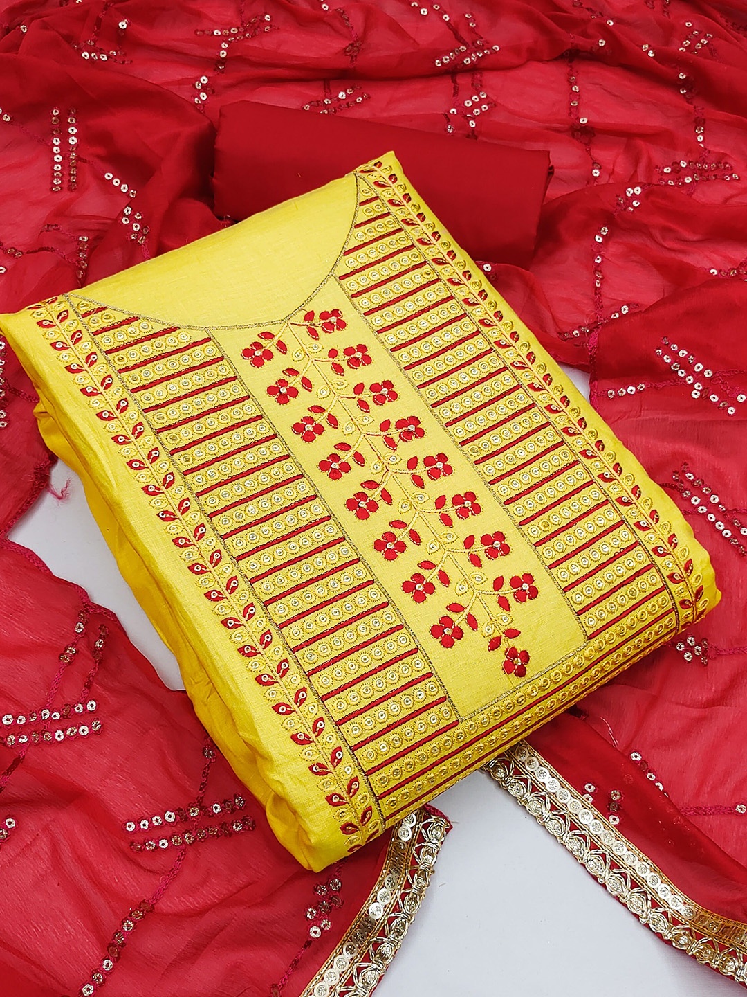 

SAINOOR Embroidered Semi-Stitched Dress Material, Yellow