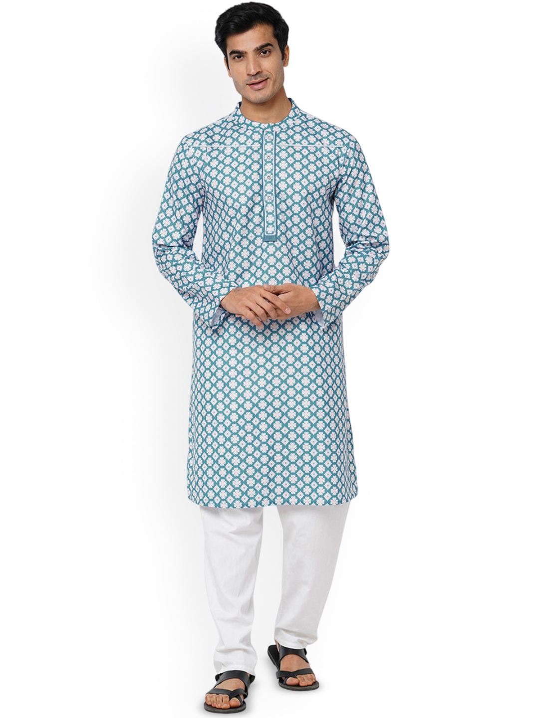 

Arch element Men Geometric Printed Thread Work Kurta, Blue