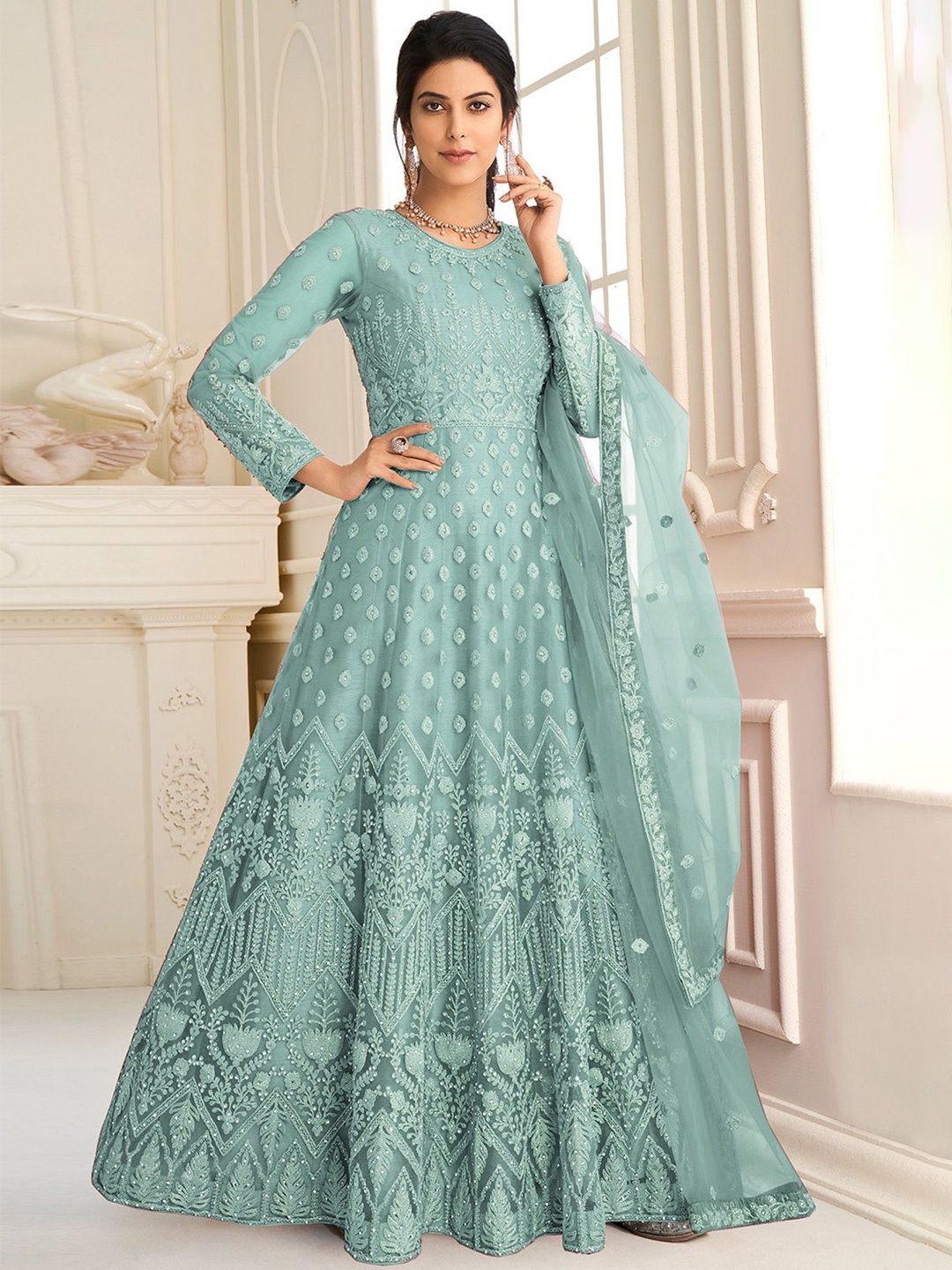 

JULEE Embellished Embroidered Net Fit & Flare Maxi Dress, Turquoise blue