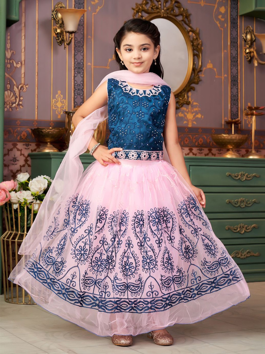 

Aarika Girls Embroidered Ready to Wear Lehenga & Blouse With Dupatta, Teal