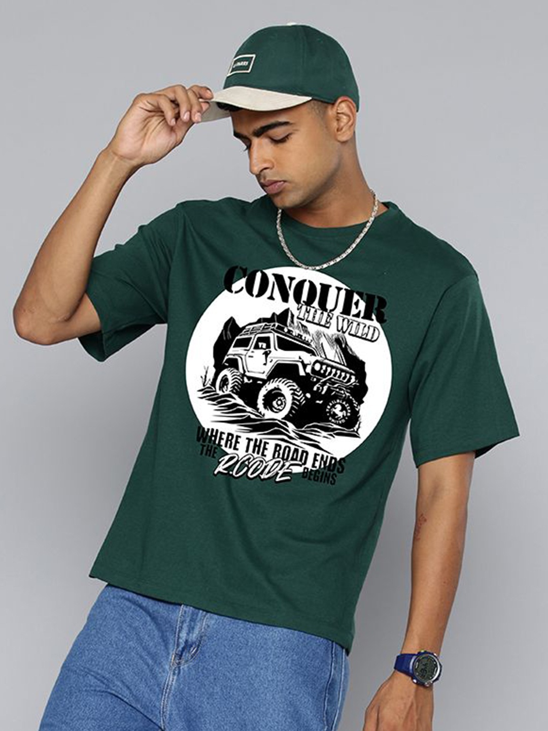 

R.Code by The Roadster Life Co. Men Printed Raw Edge T-shirt, Green