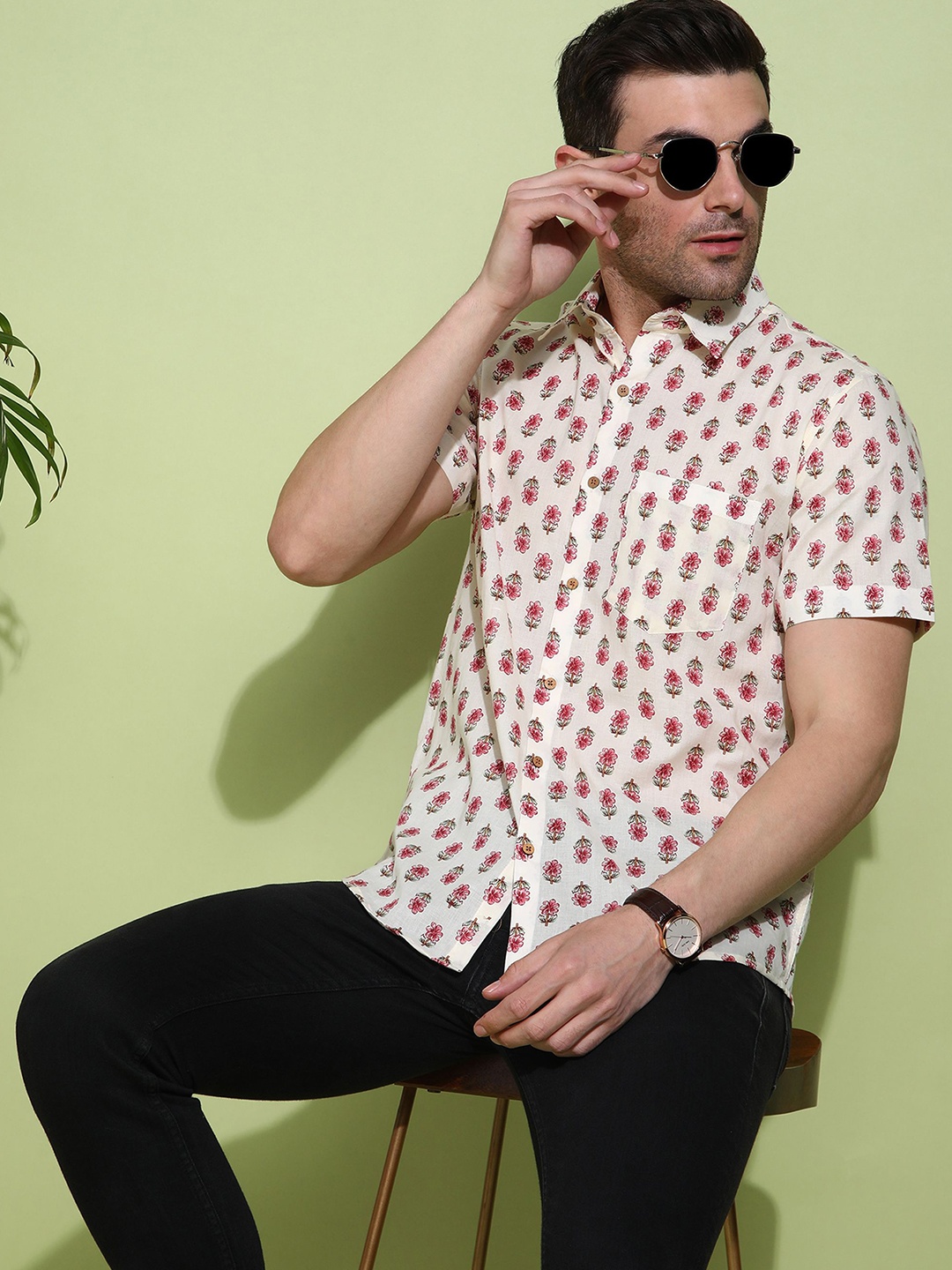 

Anouk Men Slim Fit Opaque Printed Casual Shirt, Cream