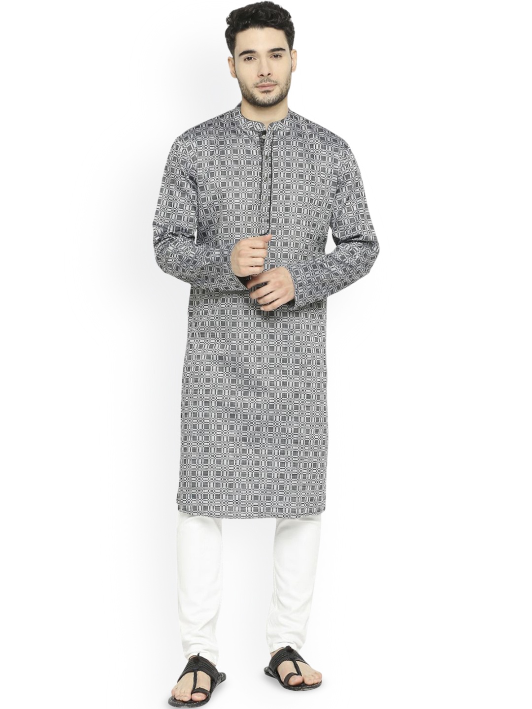 

Arch element Men Geometric Thread Work Anarkali Kurta, Black