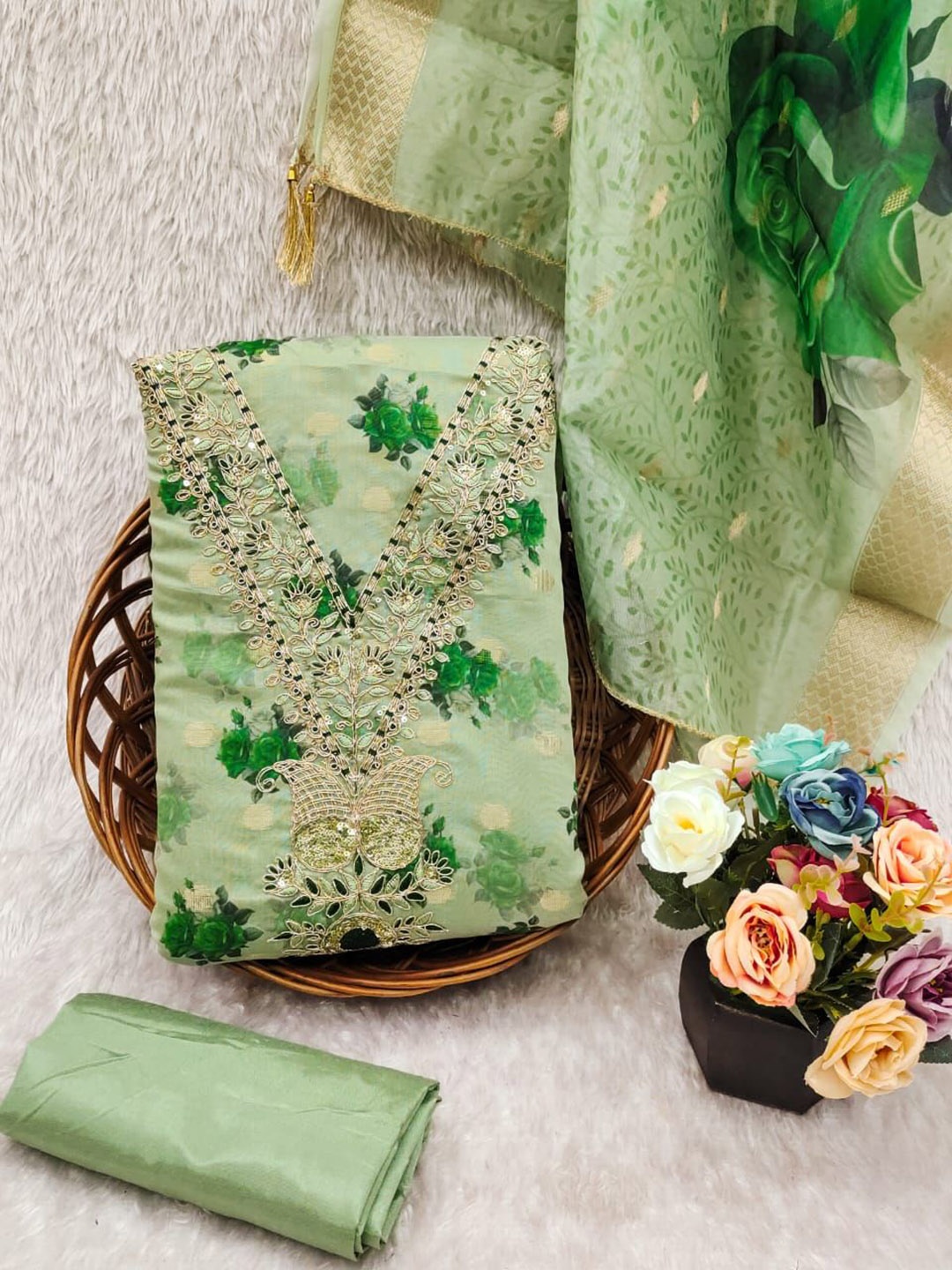 

BlissFlair Pure Cotton Unstitched Dress Material, Green