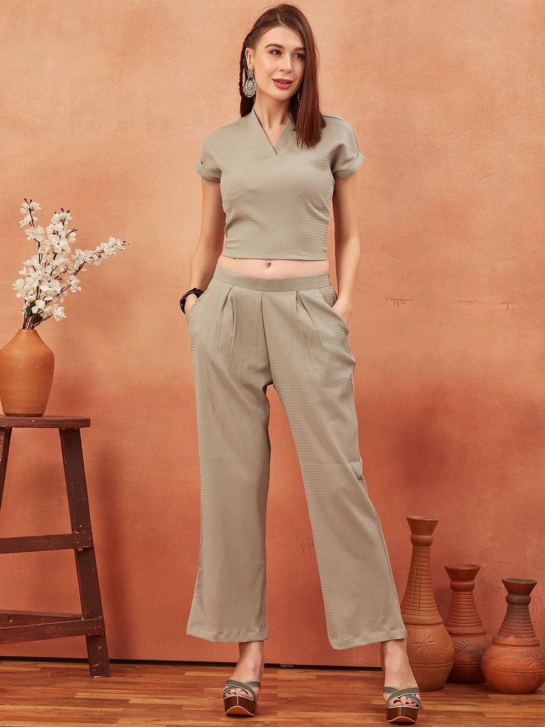 

SHINISHA V Neck Top With Trousers Co-Ords, Taupe