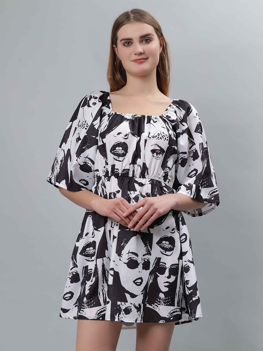 

ETRAANA Floral Print Flared Sleeve Fit & Flare Dress, Black