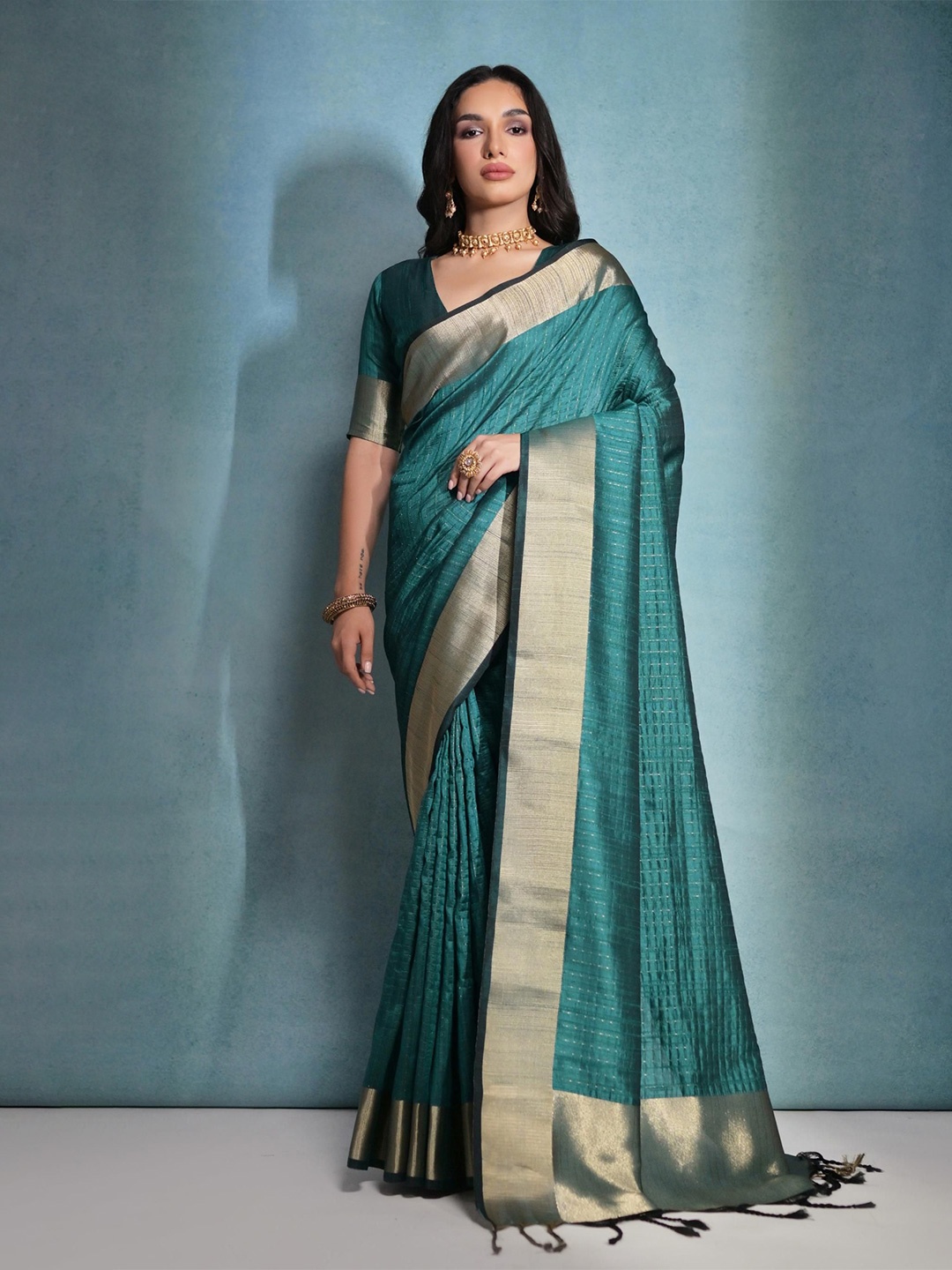 

Divyadham Textiles Striped Zari Pure Silk Banarasi Saree, Green