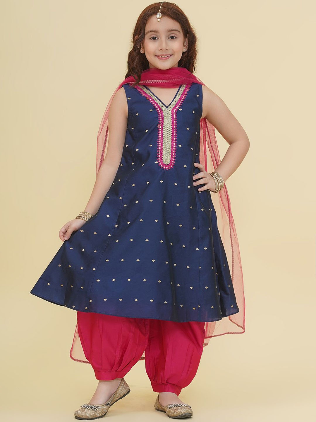 

Bitiya by Bhama Girls Ethnic Motifs Empire Gotta Patti Kurta with Salwar & With Dupatta, Navy blue