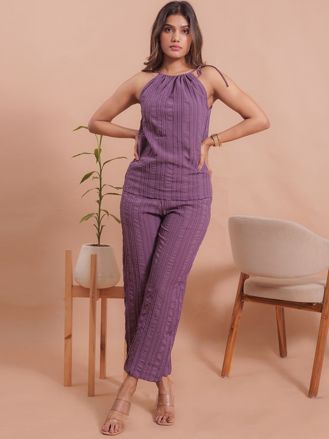 

SHINISHA Striped Shoulder Strap Neck Top With Trousers Co-Ords, Purple
