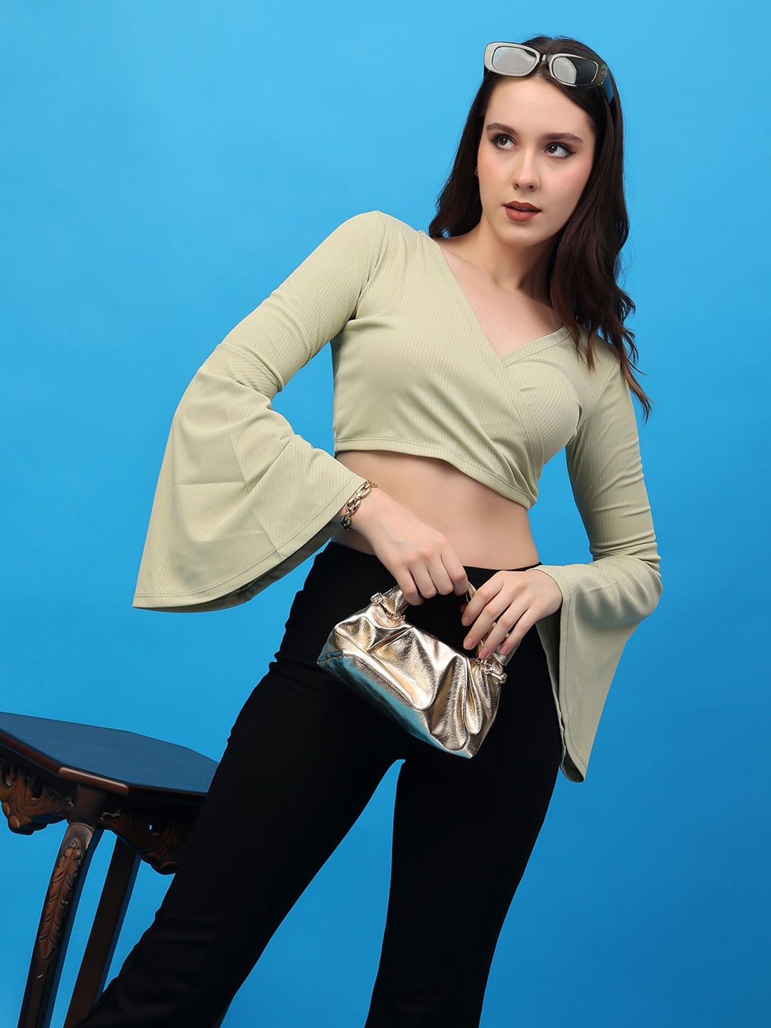

Moda Rapido Bell Sleeve Cotton Wrap Crop Top, Green