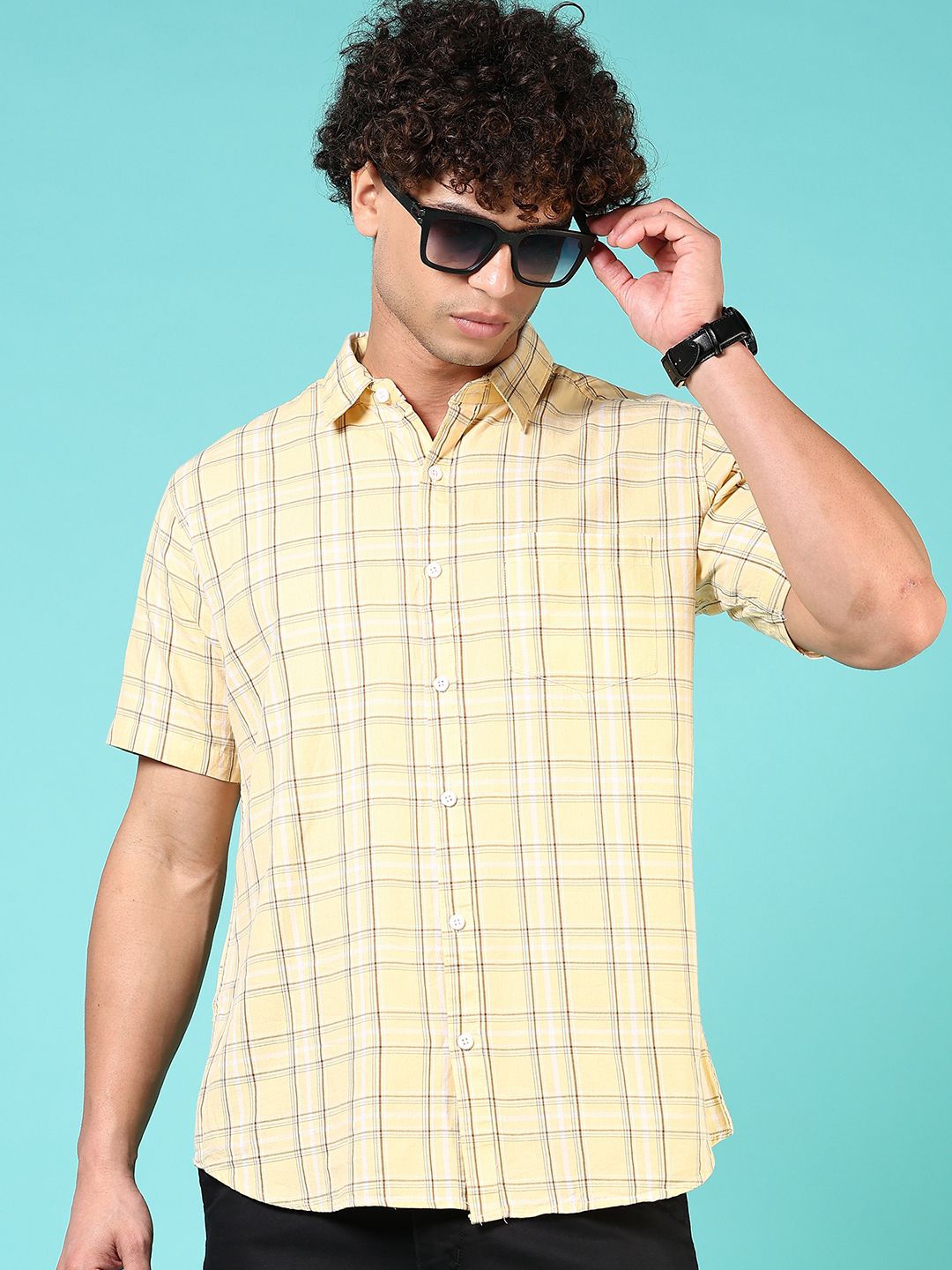 

V-Mart Men Windowpane Checks Opaque Checked Casual Shirt, Yellow