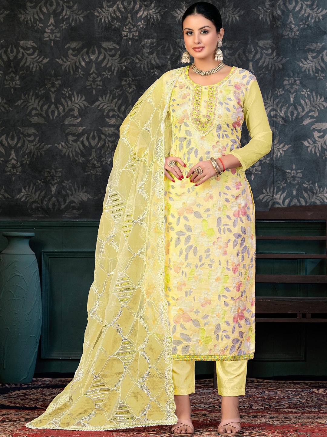 

SAINOOR Embroidered Organza Semi-Stitched Dress Material, Yellow