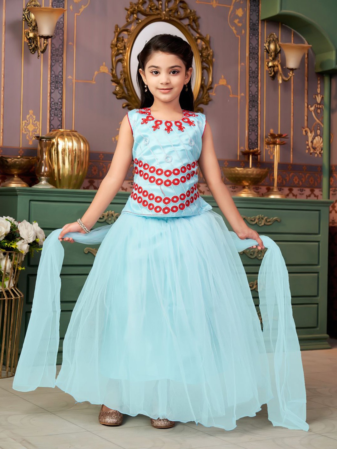

Aarika Girls Embroidered Shibori Ready to Wear Lehenga & Blouse With Dupatta, Turquoise blue