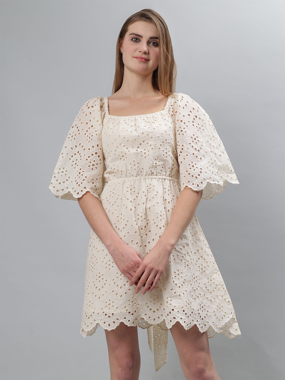 

ETRAANA Flared Sleeve Fit & Flare Dress, Beige
