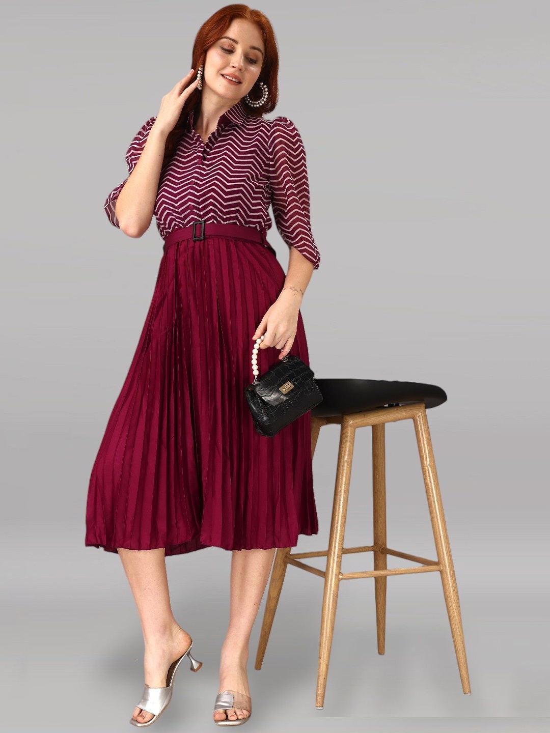 

Raiyani Fashion Striped Applique Georgette Fit & Flare Midi Dress, Magenta