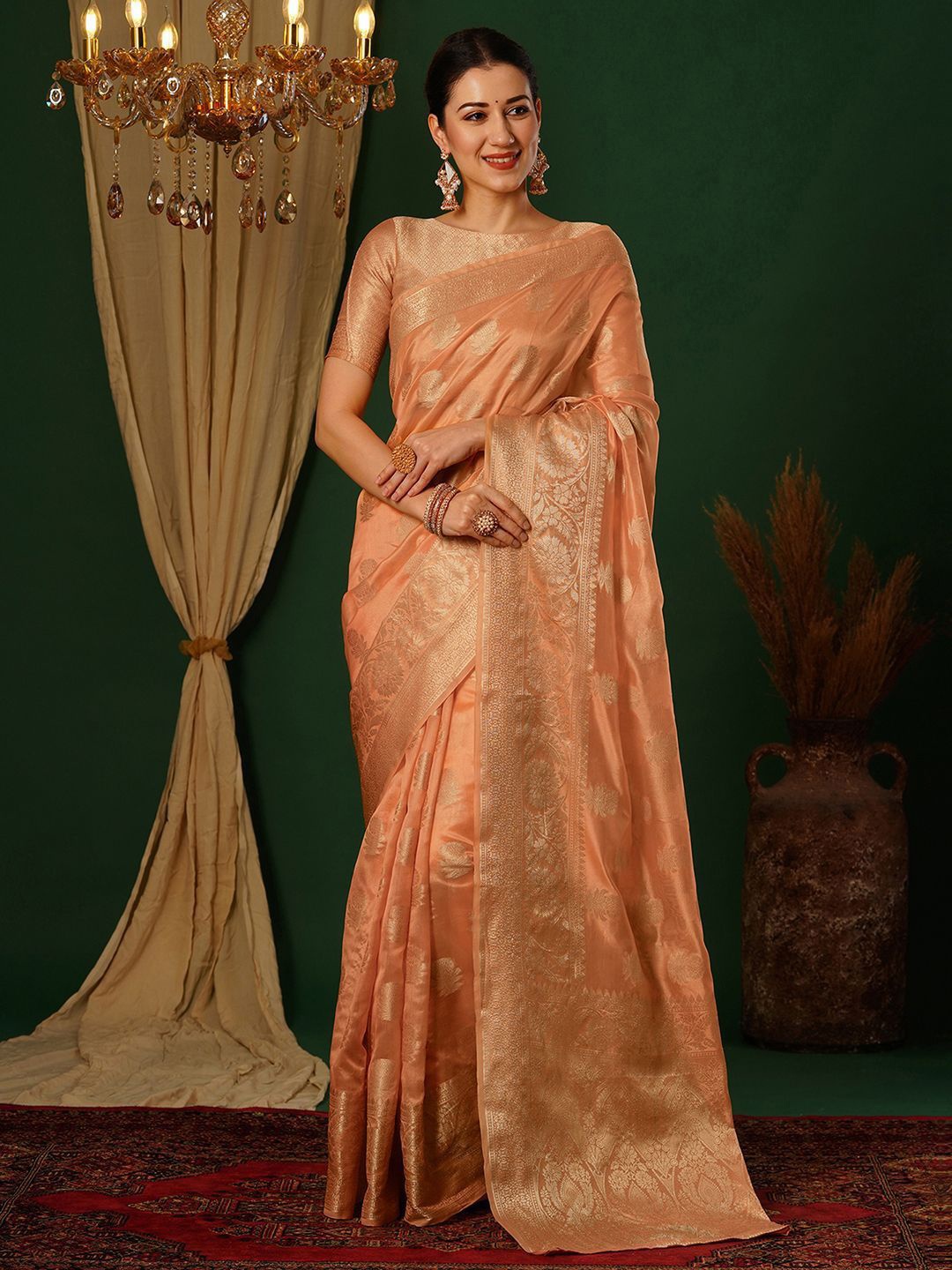 

DIVASTRI Ethnic Motifs Zari Silk Blend Banarasi Saree, Orange