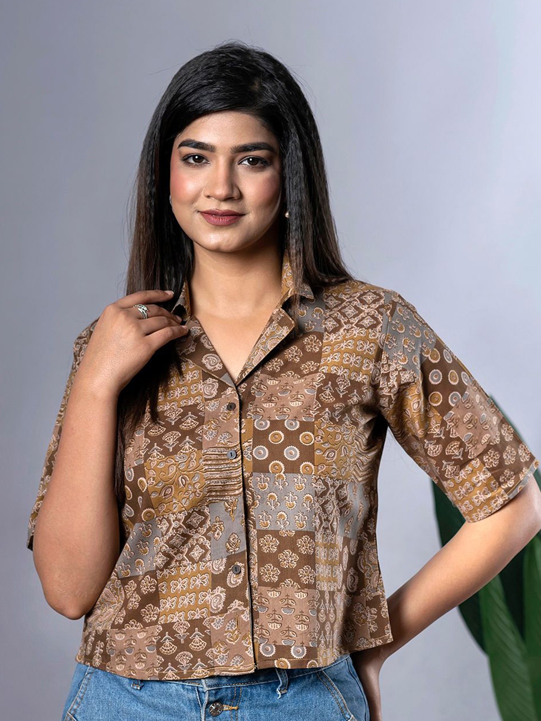 

CORSICA Print Cotton Shirt Style Crop Top, Brown