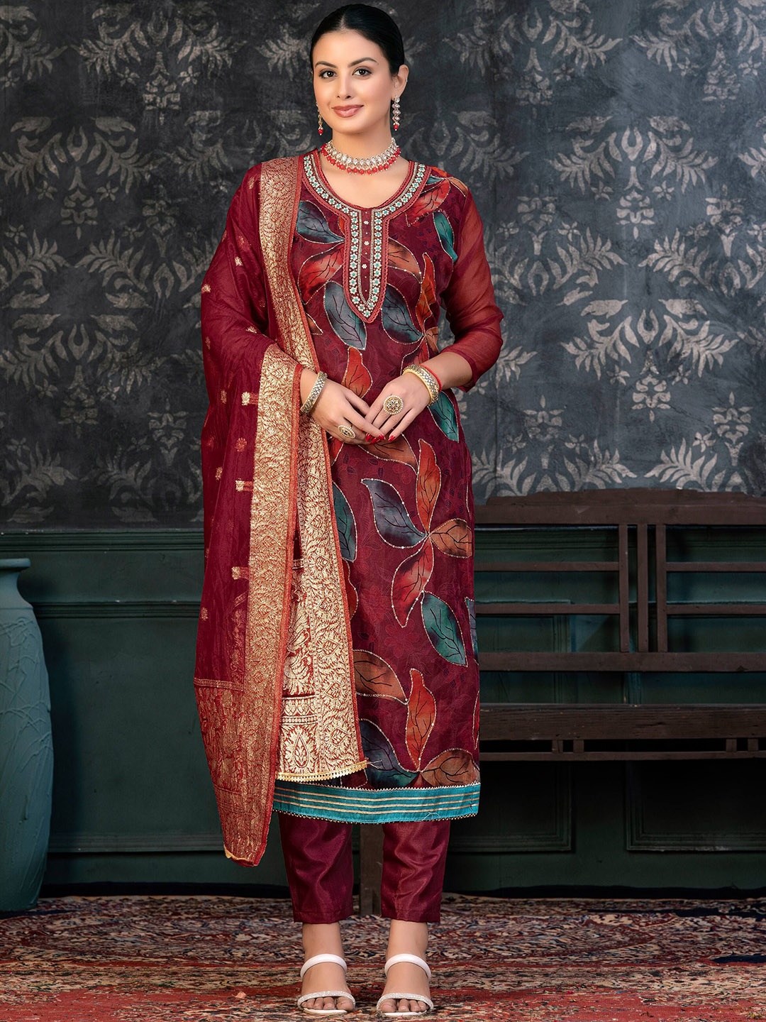

SAINOOR Embroidered Organza Semi-Stitched Dress Material, Magenta