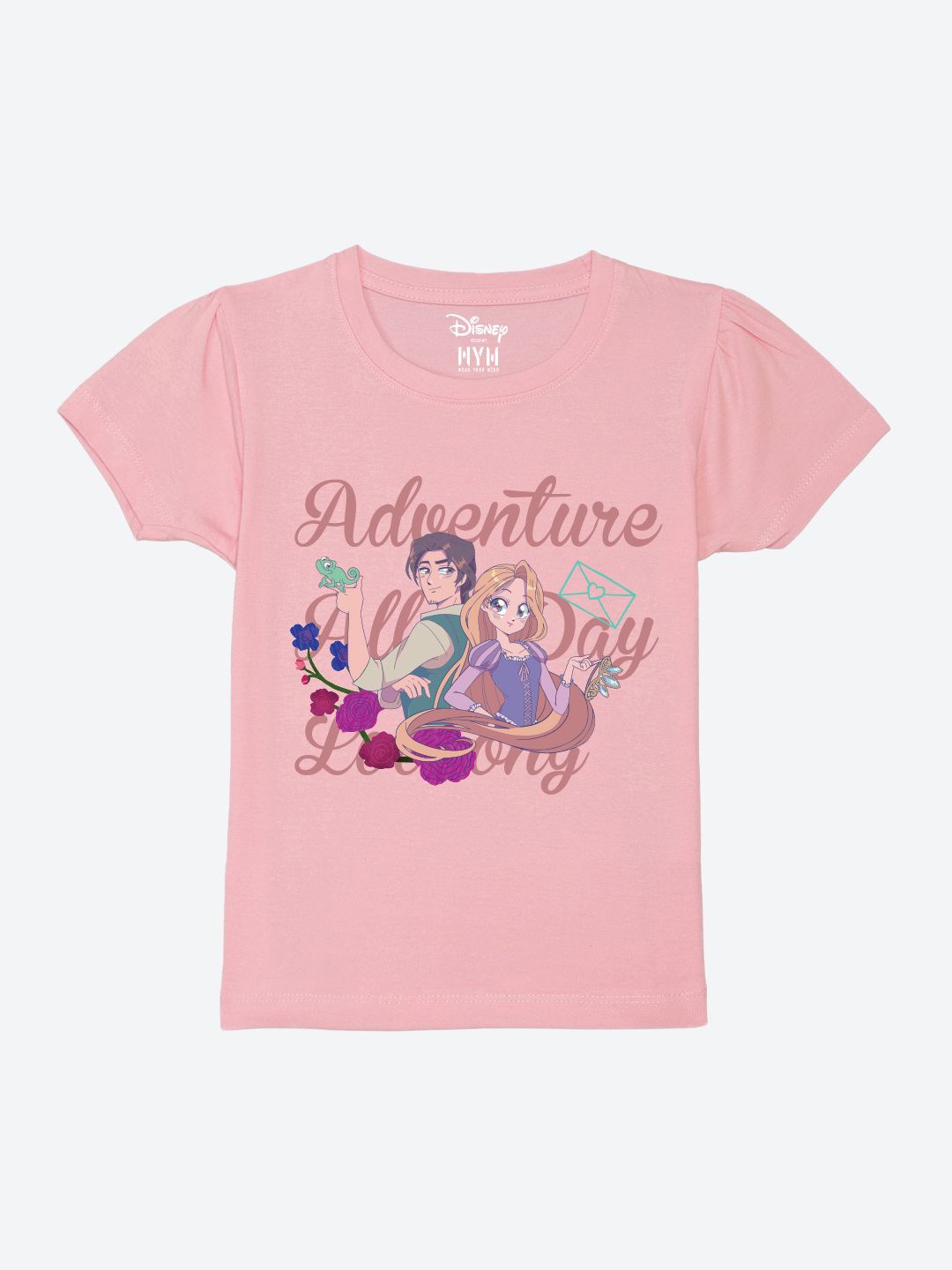 

Wear Your Mind Girls Printed Puff Sleeves Pure Cotton T-shirt, Pink